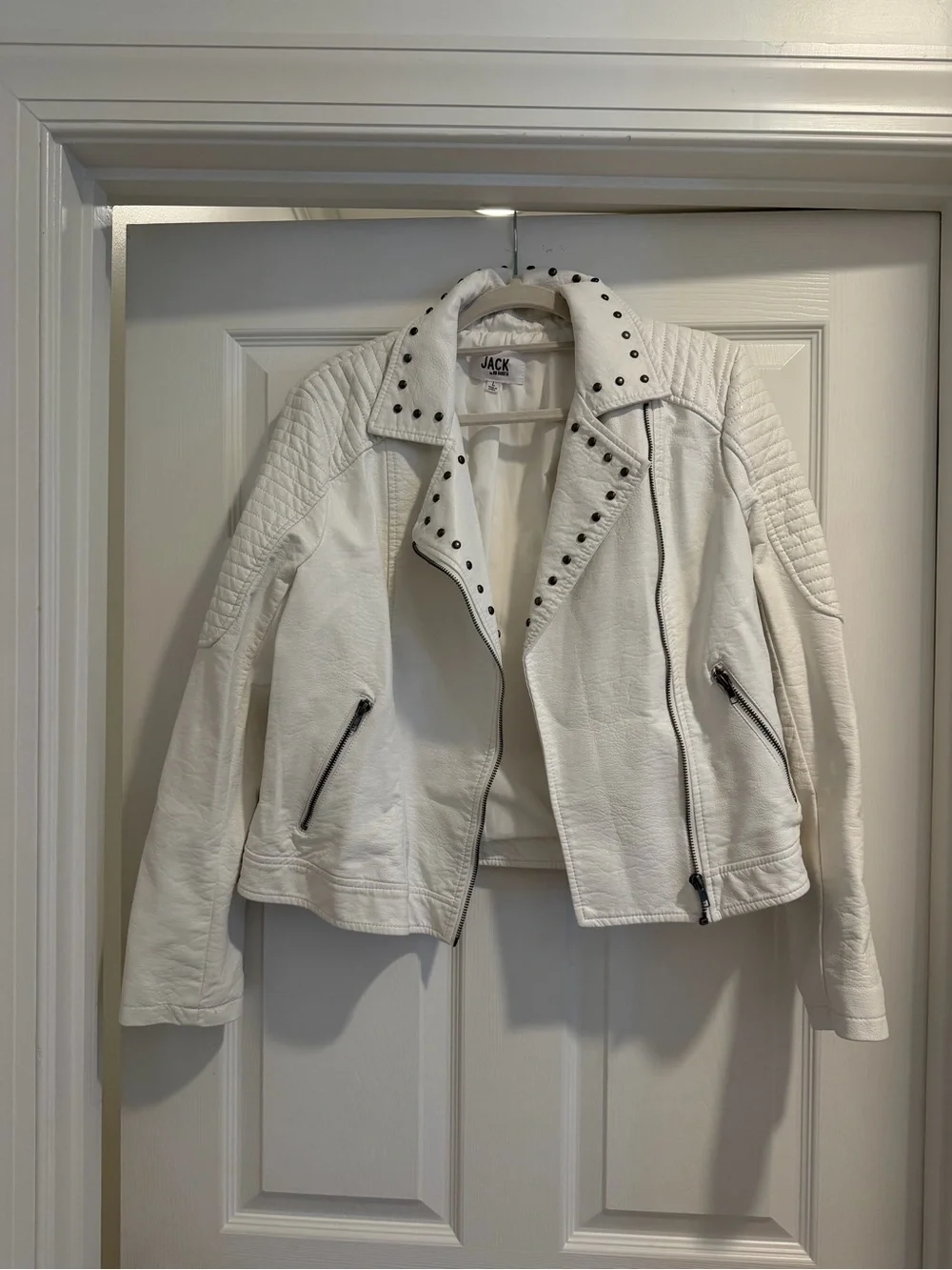 Jack by BB Dakota White Studded Faux Leather Moto Jacket with Quilted Shoulders